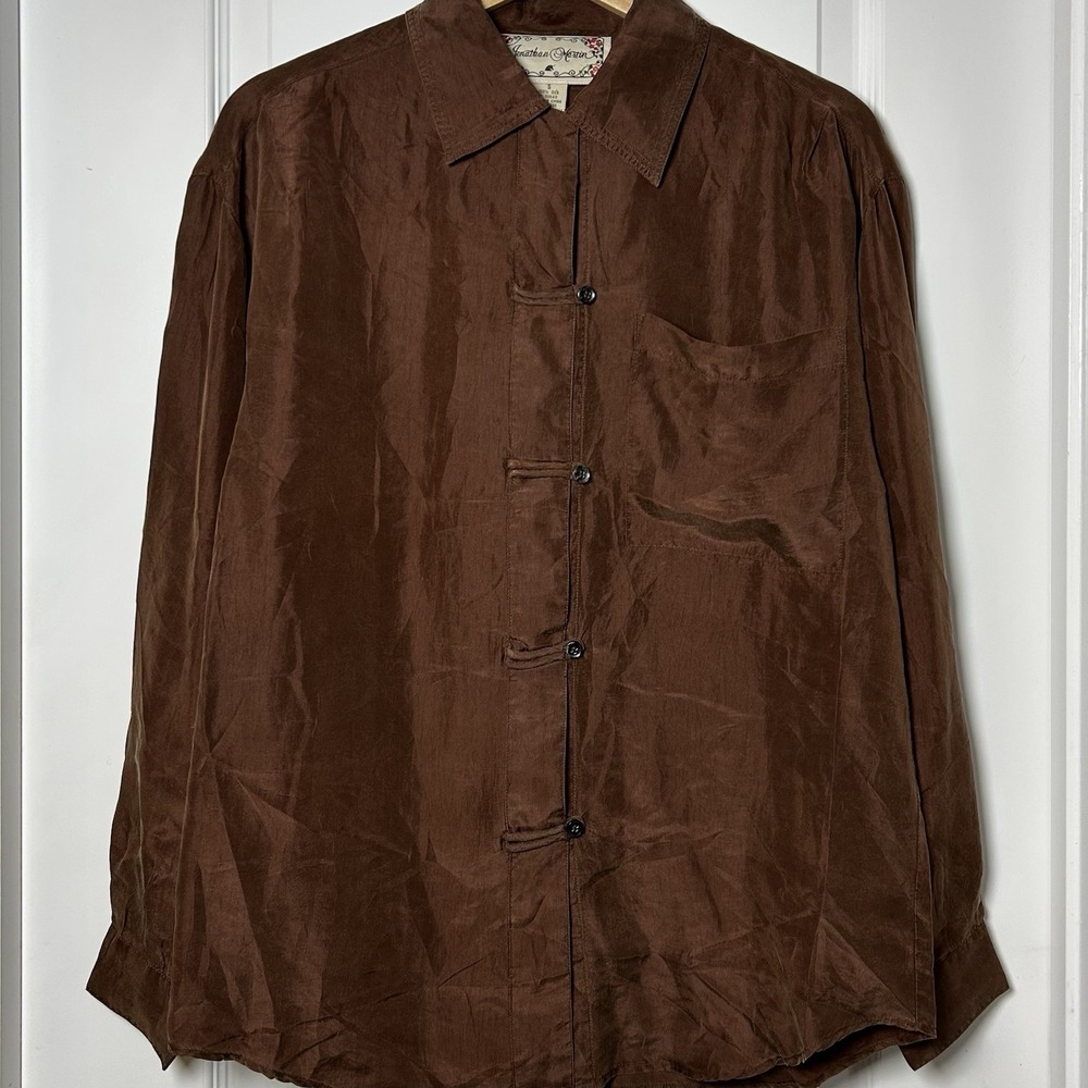 Jonathan Martin Vintage 70s 100% Silk Chocolate Brown Loop Button Blouson Blouse